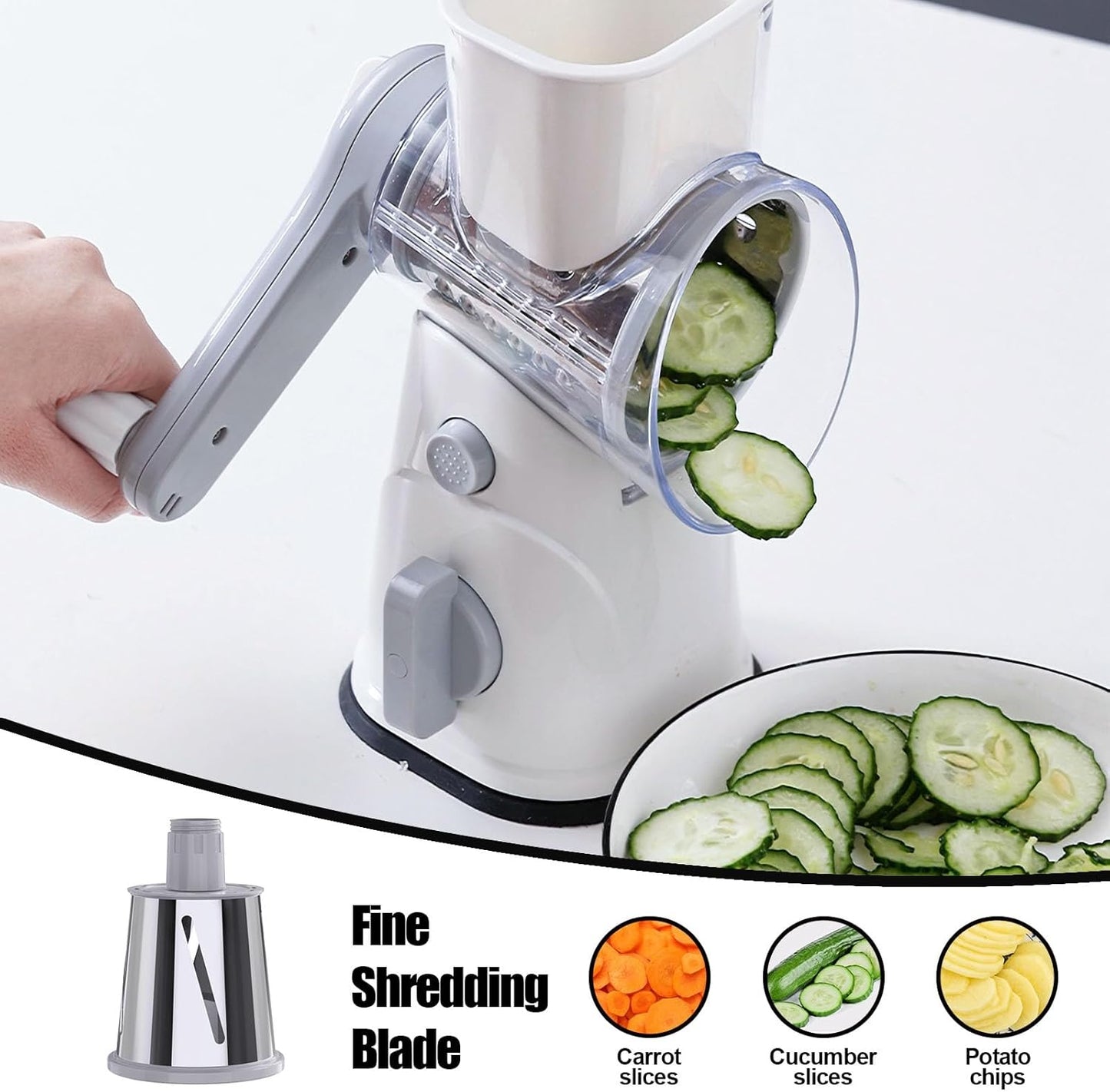 RAINBEAN Rotary Cheese Grater for Kitchen, Hand Crank Cheese Shredder with 3 Interchangeable Blades, Rotary Grater with Handle and Strong Suction Base, for Vegetables, Fruit, Nuts