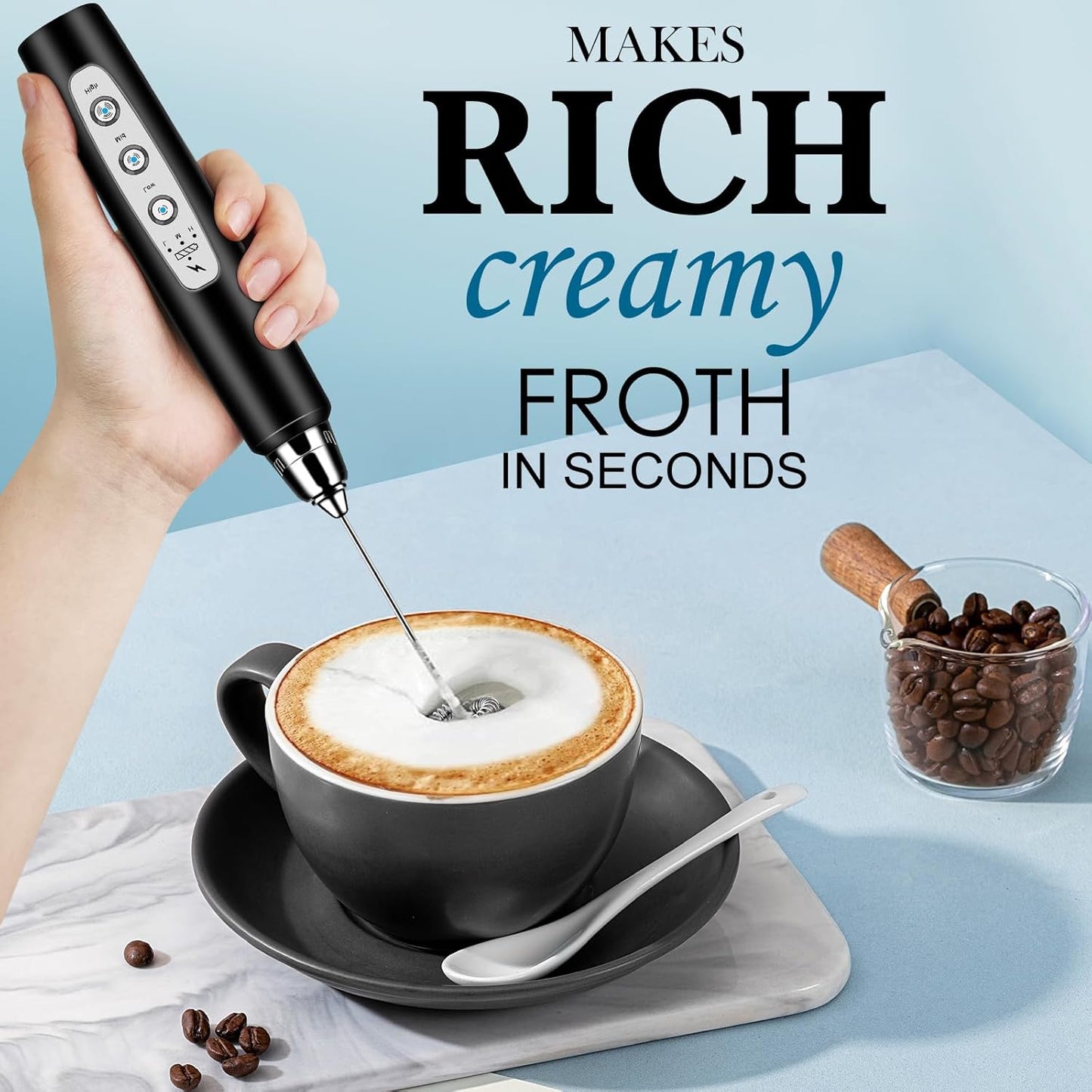 Milk Frother Handheld for Coffee, Electric Whisk 3 Speed Adjustable, Drink Mixer with Stainless 3 Whisks, Rechargeable Hand Frother Wand, Foam Maker for Latte Cappuccino Hot Chocolate Egg Black
