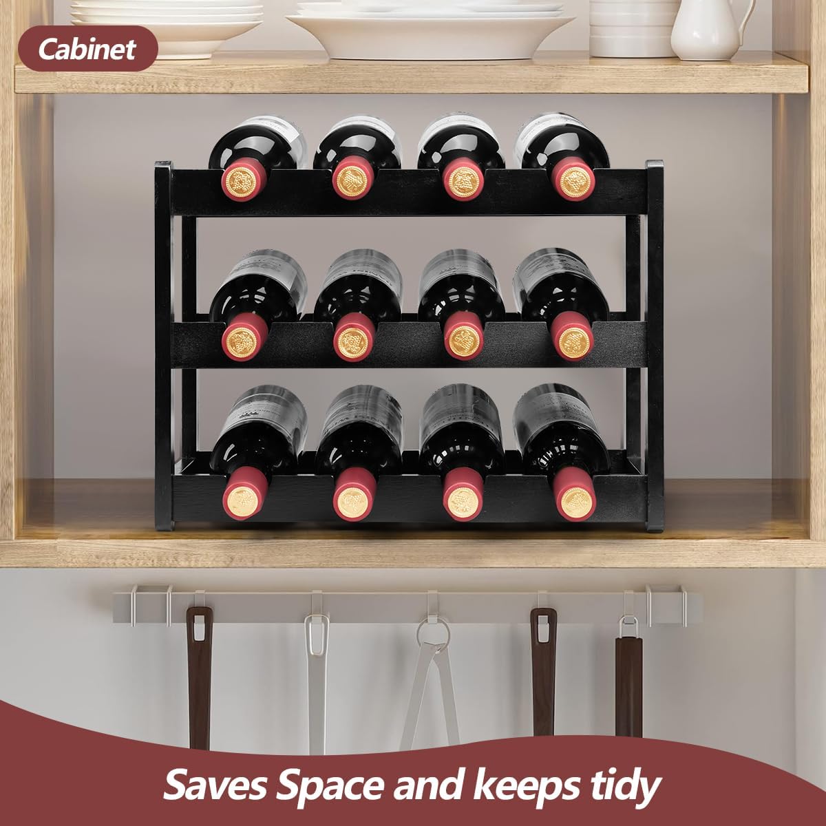 Bamboo Wine Rack, Sturdy and Durable Wine Storage Cabinet Shelf, Wine Racks Countertop for Pantry - 3 Tiers 12 Bottle Wine Rack, Black