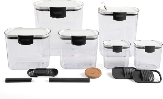 Progressive ProKeeper Baker's Airtight Kitchen Storage Canister Container Set for Flour, Sugar & More, Keeps Ingredients Fresh, with Accessories (Black Latches, 6- Piece)