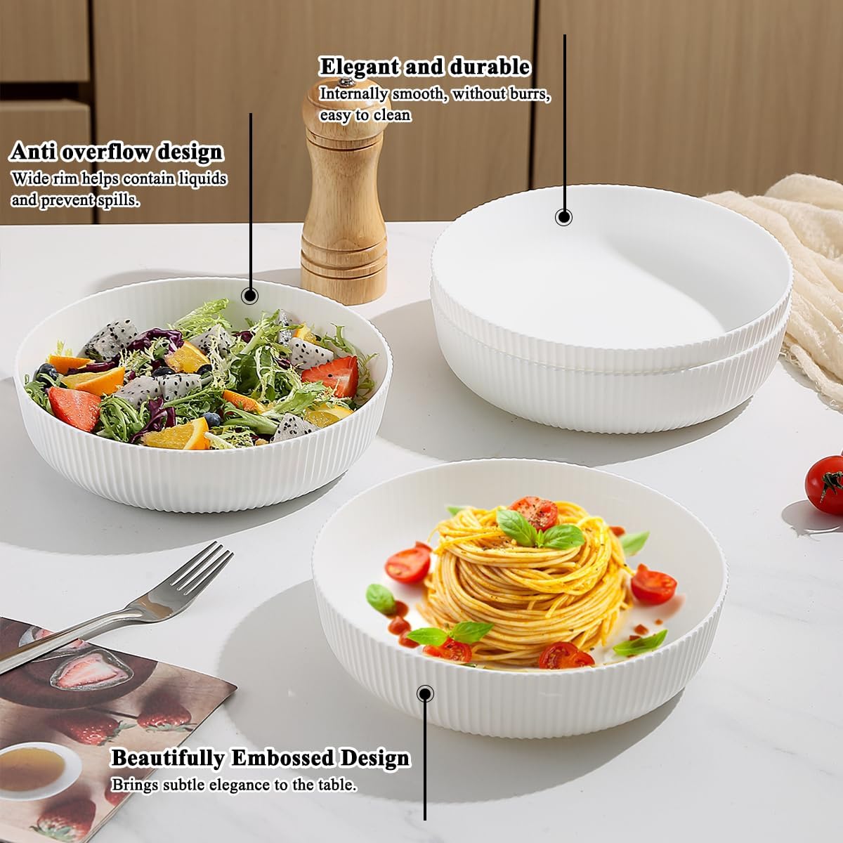 Kyraton Pasta Bowls Set of 4, 37oz Salad Bowls White Soup Bowls Large Pasta Serving Bowl Plastic Unbreakable Serving Dishes Dinner Bowls (White)