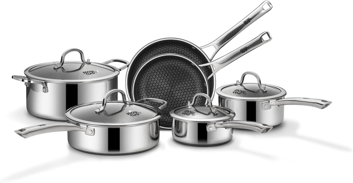 SNOWCLAD Pots and Pans Set Non Stick, 10 Pcs Hybrid Stainless Steel Cookware Sets, Non Stick Frying Pans, Saucepans, Saute Pan & Stock Pot, PFOA Free Kitchen Skillet,Induction Compatible