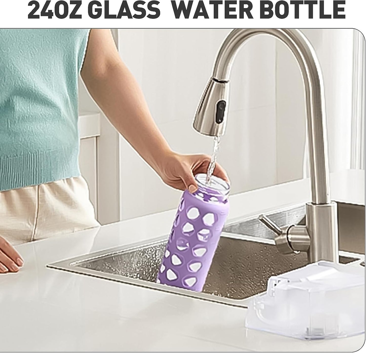 MUKOKO Glass Water Bottles, 24oz Glass Tumbler with Straw, Drinking Bottles with 2 Lids-Handle Spout Lid&Bamboo Straw Lid, Motivational Water Bottle with Time Marker and Silicone Sleeve, 1 Pack-Purple