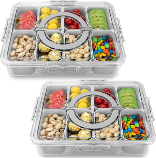 Divided Serving Tray with Lid and Handle,8 Compartments Snacks Box,Snack Fruit and Veggie Tray,Portable Platter for Candy Fruits Nuts Snack Party Entertaining Picnic (2 PCS Grey)