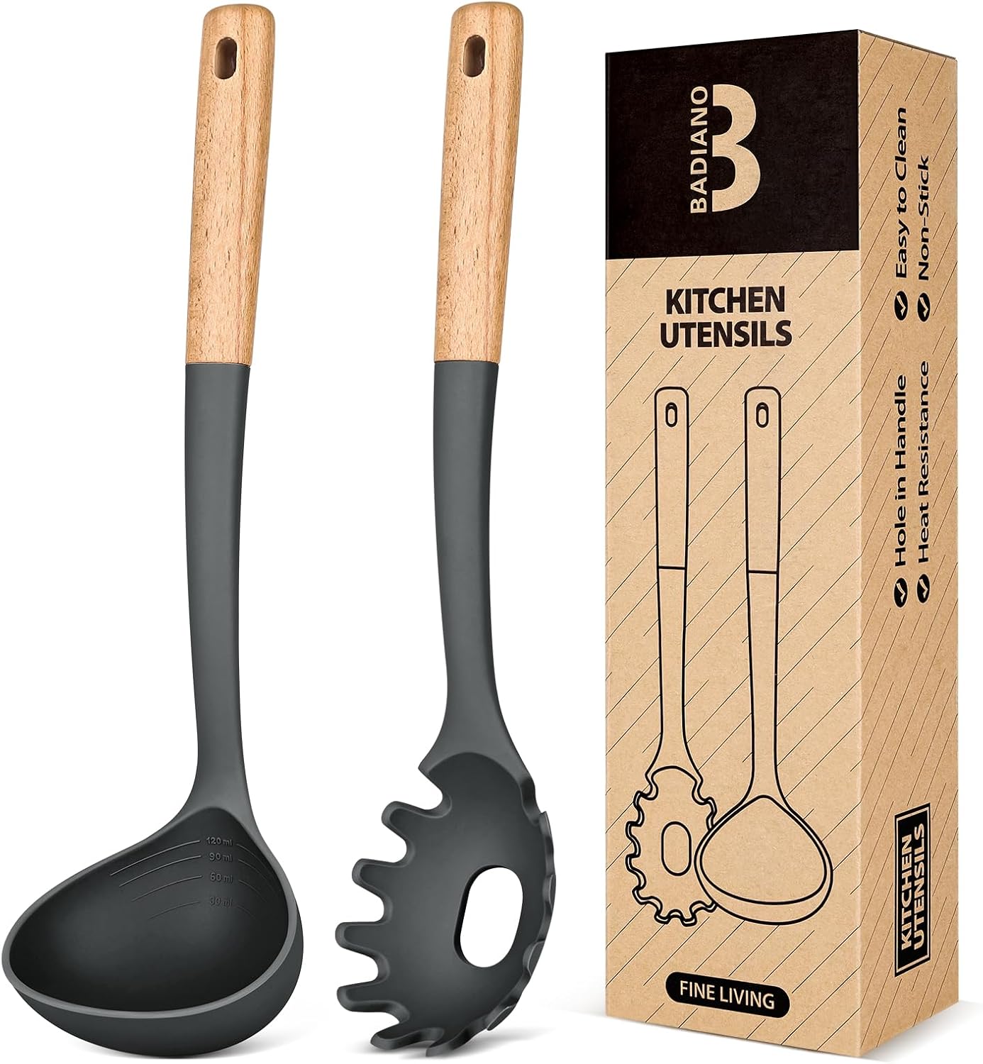 Pasta Fork and Ladle Set, Perfect for Serving Hot Soup, Stirring, and Sauce Pasta, BPA-Free Matte Silicone, Wood Handle Spaghetti Spoon for Nonstick Cooking Surfaces (Grey)