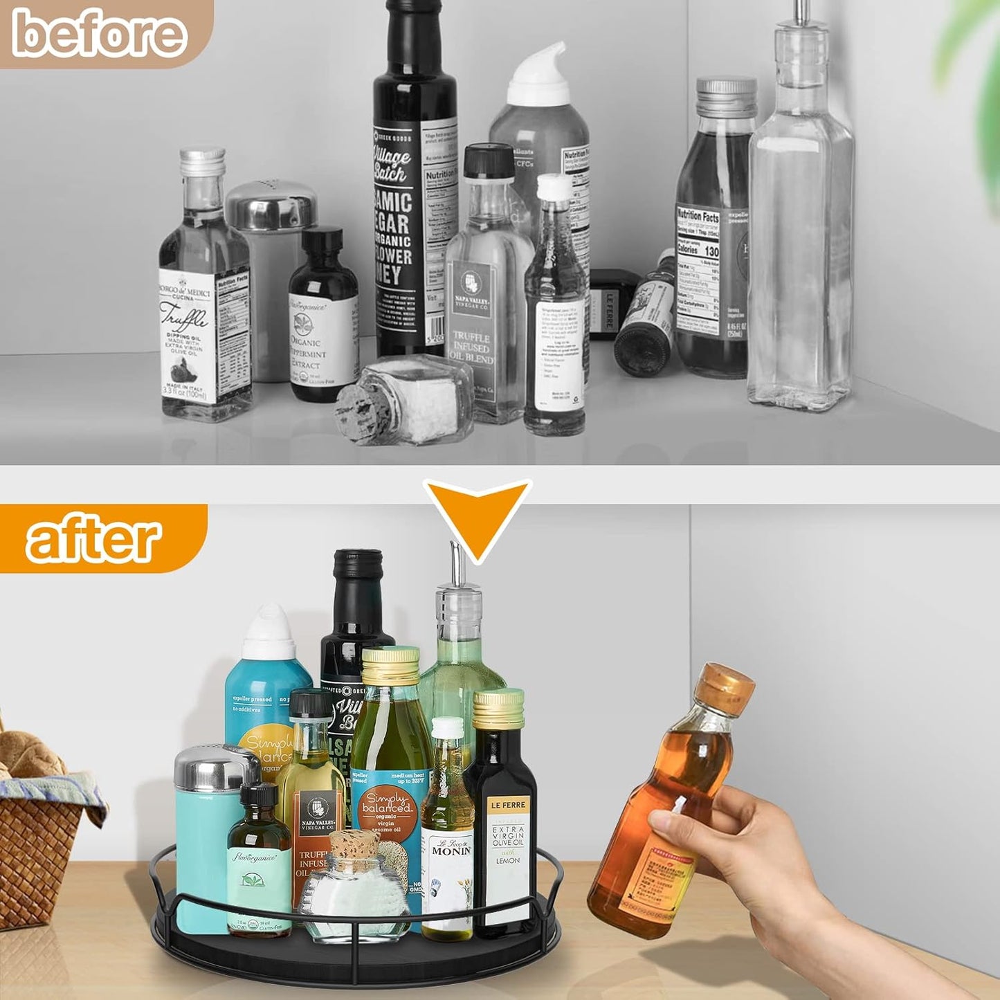 Lazy Susan Turntable Organizer with Anti-Slip Mat for Cabinet Pantry Kitchen Countertop Refrigerator Office, Pine Wood, 10", Black