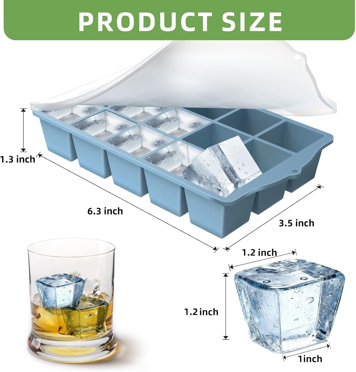 Silicone Ice Cube Tray, 2 Pack Easy-Release Stackable Ice Trays for Freezer with Lid 15 Reusable Cubes, Food Grade BPA Free Ice Molds for Whiskey, Baby Food, Coffee, Cocktail, Drinks (Blue)