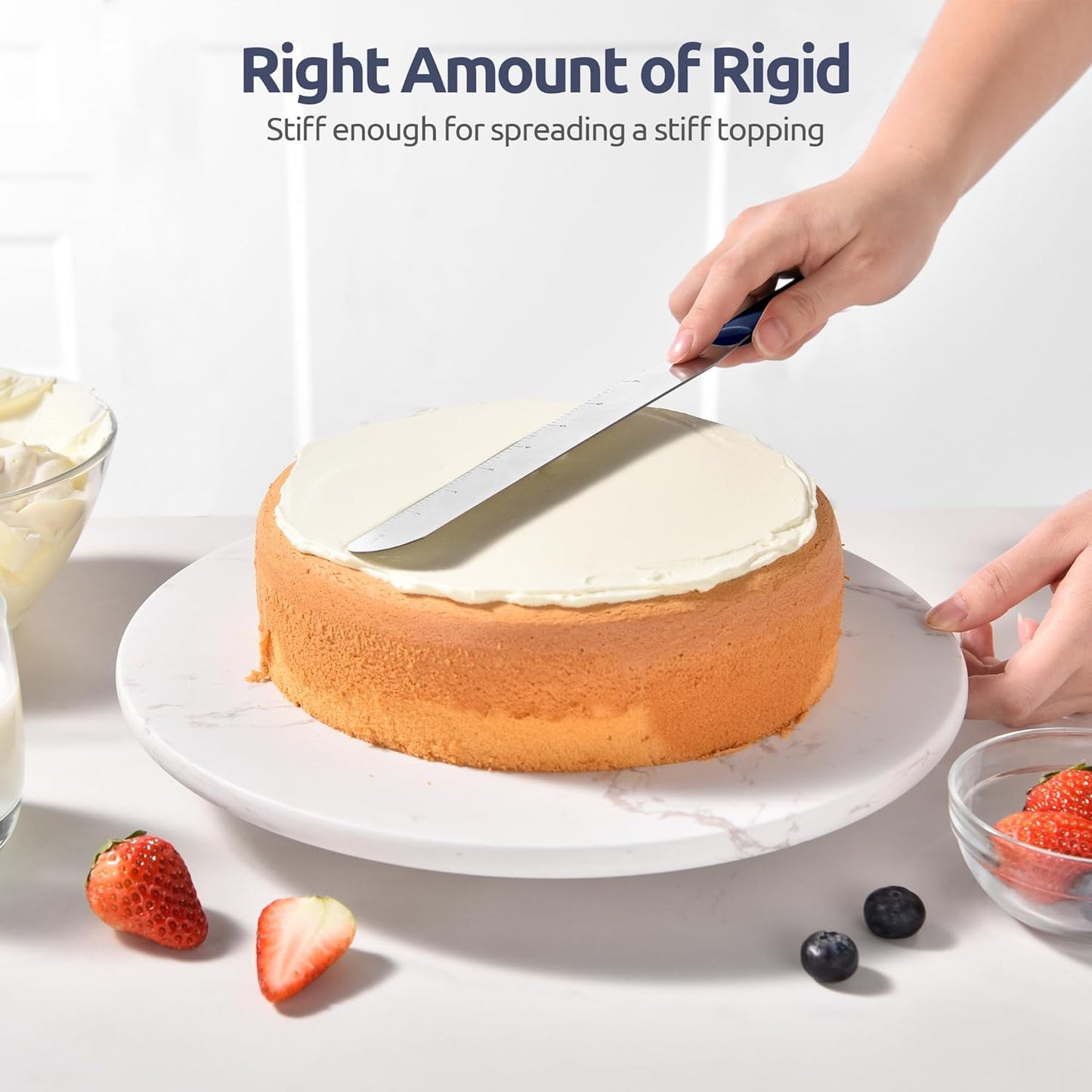 U-Taste Cake Icing Spatulas Set: Straight Decorating Frosting Knife with 6", 8", 10" Flat Thinner Stainless Steel Blade, Flexible Smoothing Spreading Tools with Comfortable PP Handle (Midnight Blue)