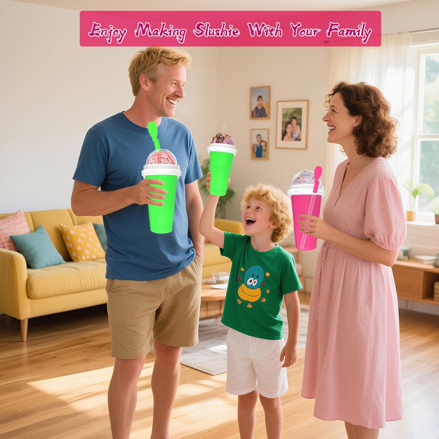 2PCS Slushie Maker Cup, Quick Frozen Magic Cups for Homemade Milk Shake Ice Cream Maker, Double Layer Squeeze Slushy Maker Cup, Birthday Gifts for Kids,Friends,Family (Pink+Green, 350ML)