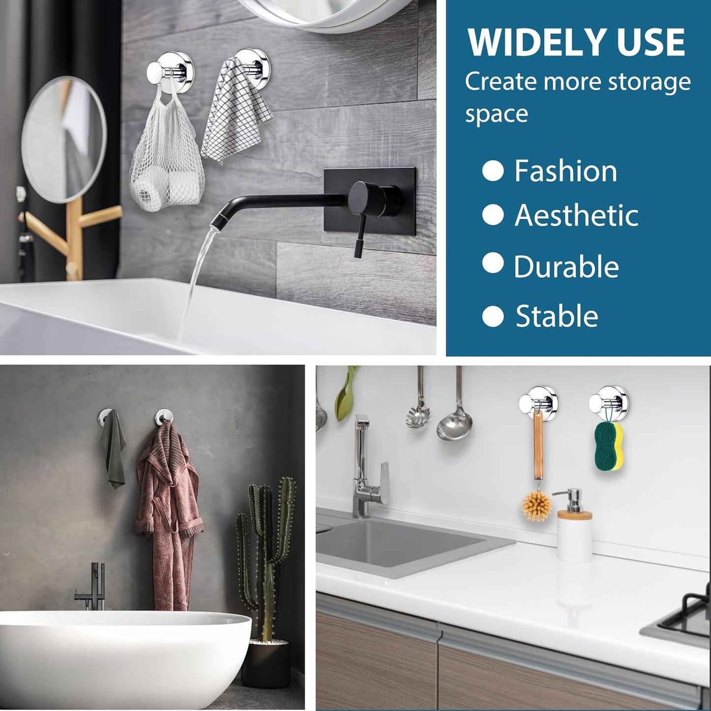 Suction Cup Hooks for Shower, Bathrooms Wall, Glass Door, Mirror, Kitchen–Towel, Robes, Coat, Hanging up to 15 lbs No-Drill Suction Hooks–Waterproof & Rustproof (Chrome, 2 PCS)