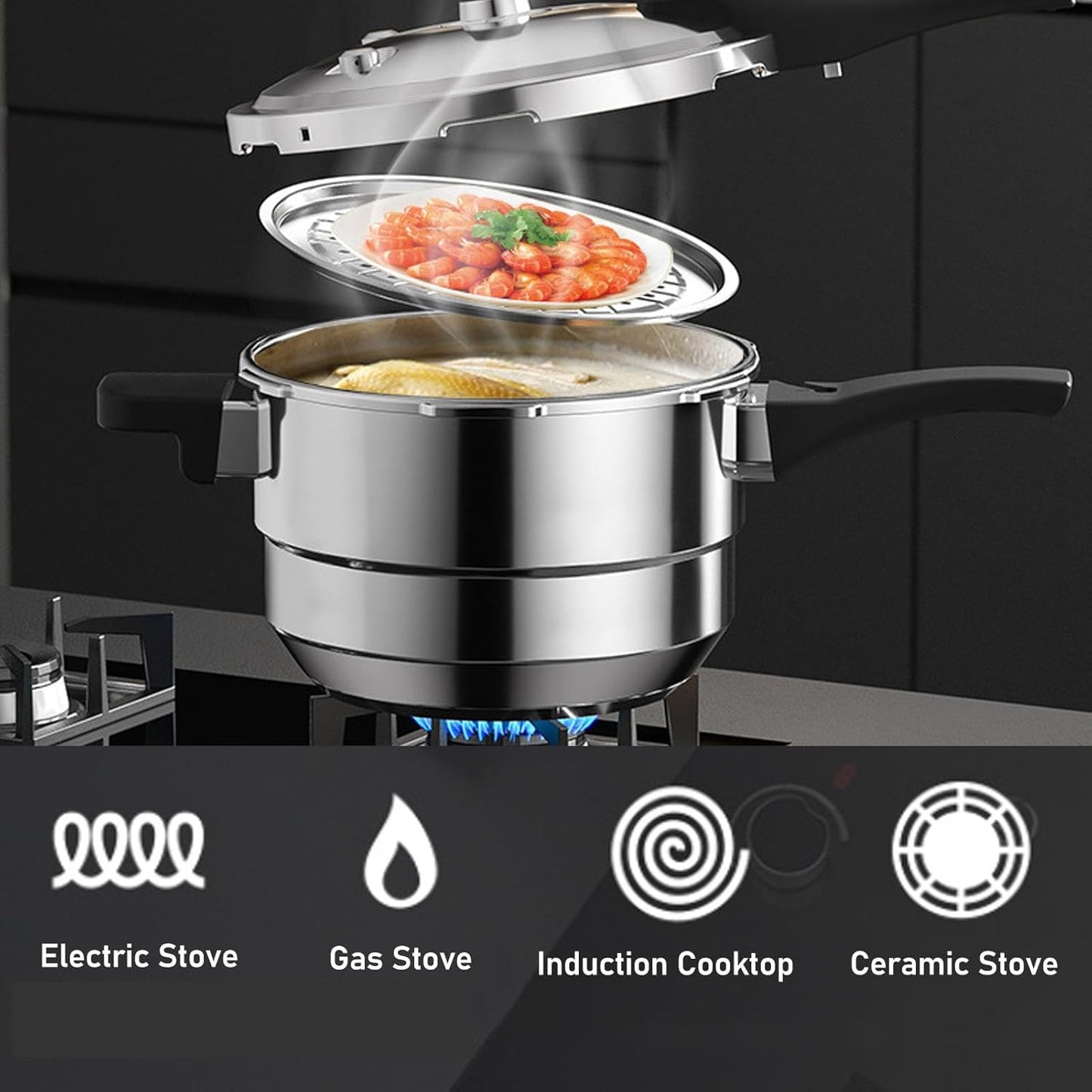 80Kpa Pressure Cooker Stainless Steel 8L Large Capacity, Pressure Canner with Steaming Rack Compatible with Gas & Induction Cooker (8L)