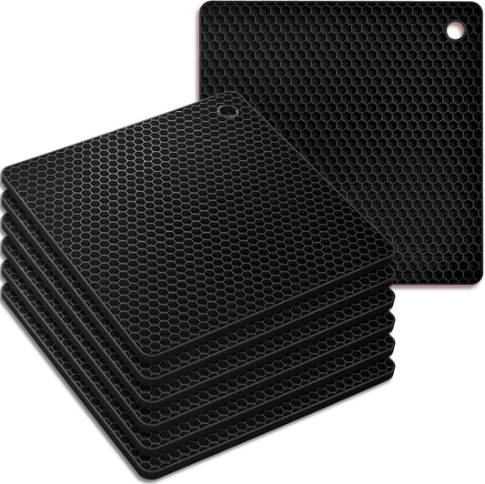 homEdge Silicone Square Trivets Mat, 6 Packs Multipurpose Non Slip Heat Resistant Pot Holder-Black
