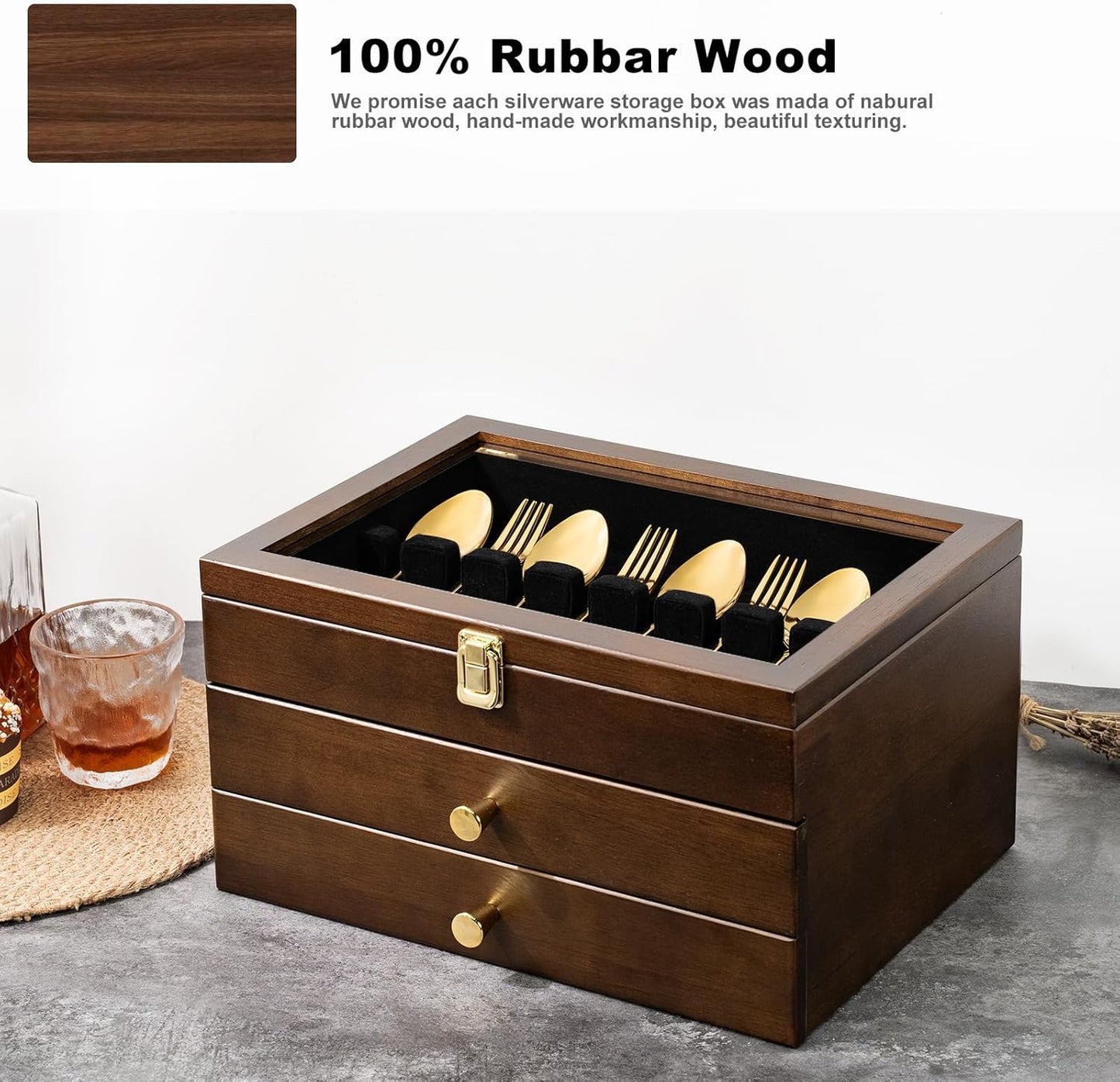 Silverware Box, 3-Layer Wooden Silverware Storage Box with Glass Lid, 14.5×10.6 Inches Luxury Style Decor Flatware Storage Case for Fine Flatware & Utensils, Gift Idea (Walnut)