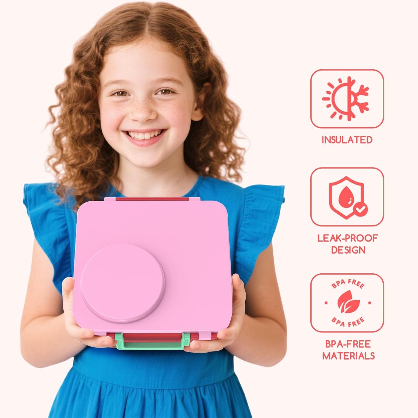 Bento Box for Kids - Leak-Proof Lunch Box with Insulated Thermos Food Jar - 4 Compartments, 1 Removable Divider, 1Spoon, 1 Fork - Dishwasher Safe, BPA-Free (Pink)