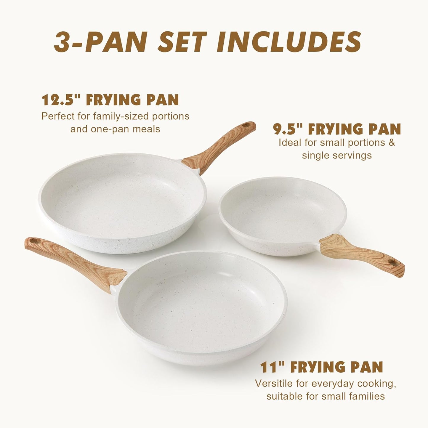 SENSARTE Nonstick Frying Pan Skillets, White Ceramic Coating Omelette Pans, Healthy Cookware Chef's Pan, Free of Intentionally Added PTFE & PFAS (9.5+11+12.5 Inch)