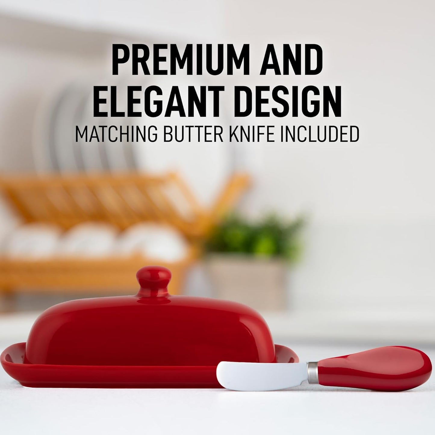 Zulay Butter Dish With Lid For Countertop - Porcelain White, Ceramic Butter Dish with Knob Handle Great for Cooking - Elegant Design Butter Holder - Durable & Sturdy Butter Keeper - Red