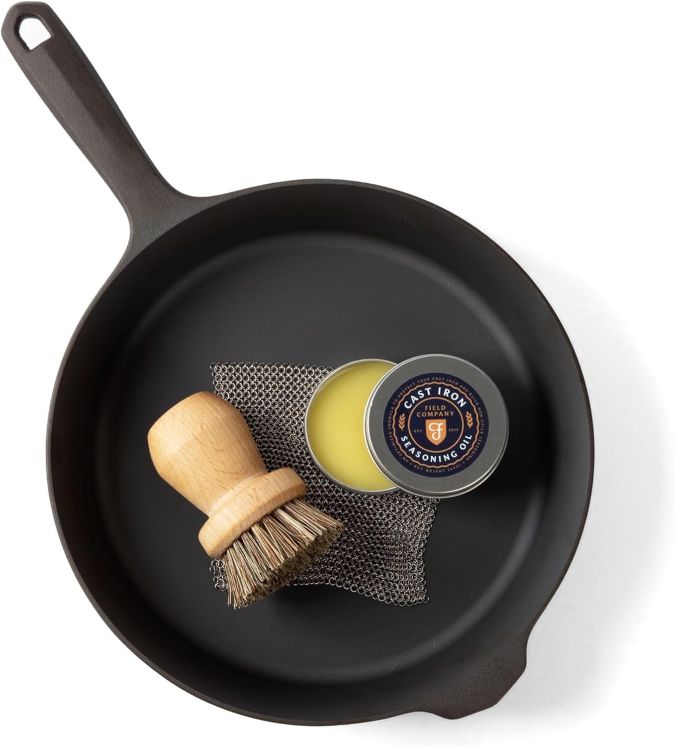 Field Company Starter Set – 10-Inch Cast Iron Skillet No.8 with Cleaning Kit: Natural Fiber Brush, Chain Mail Scrubber & Organic Seasoning Oil – Lightweight, Preseasoned, Made in USA, Vintage Design