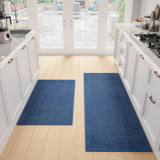 Kitchen Mat Set of 2 PCS, Cushioned Non Slip Rugs for Kitchen Floor, Absorbent Runner Comfort Standing Mats Washable for Kitchen, Office, Home (Dark Blue, 17.3"x47"+17.3"x30")