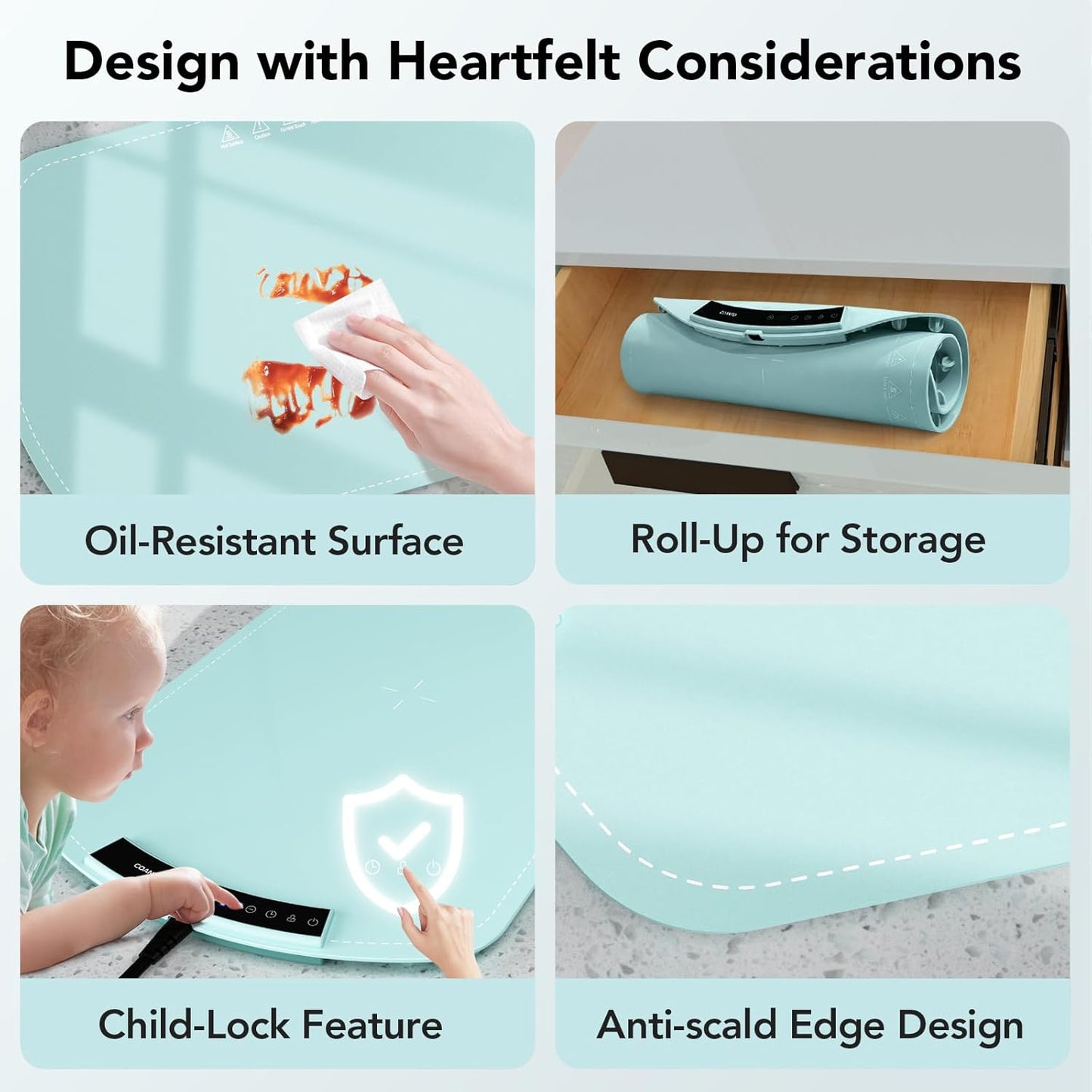 Food Warming Mat, Electric Warming Tray for Buffets & Parties, Silicone Heating Mat for Food with 9 Temperature Settings, Roll-Up Storage, 25.8"x15.6", Blue