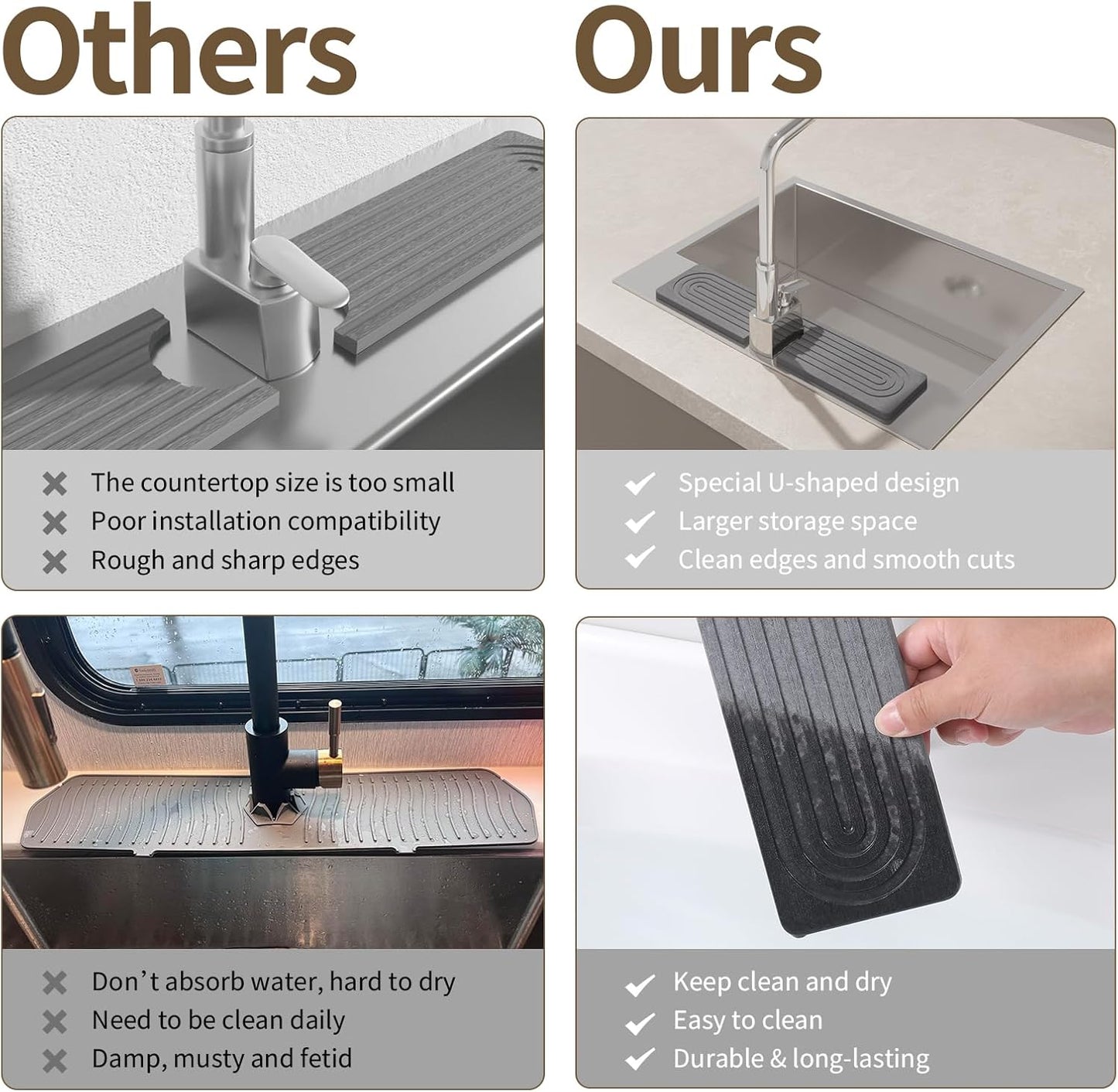 Faucet Mat for Kitchen Sink, Diatomite Stone Drying Sink Protectors, Bathroom Faucet Splash Guard, Quick Dry Water Absorbing, Non-Slip Stone Tray for Kitchen Counter, Grey, 15.7" x 3.9"