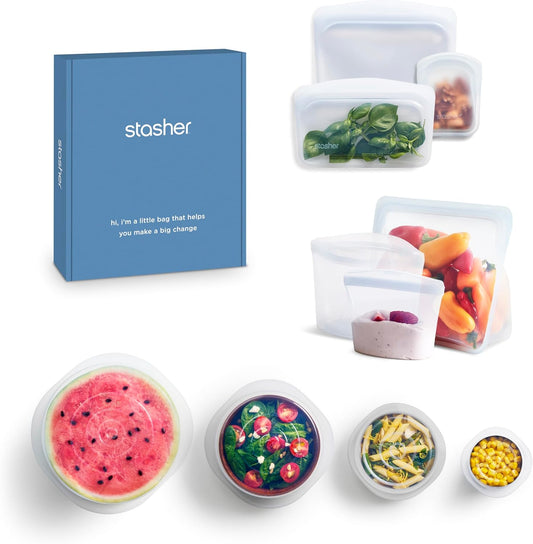 Stasher Premium Silicone Reusable Food Storage Bags and Stretch Lids 10-Pack, Clear, Airtight Seal, Food Containers & Covers, Boxed Starter Kit, BPA Free, Leak-free, Dishwasher Safe, Eco-Friendly