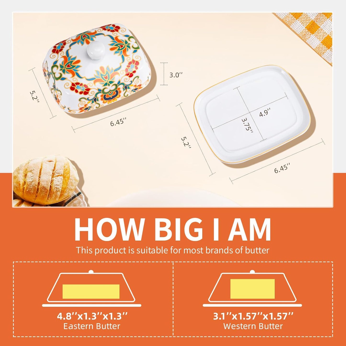 Butter Dish with Lid, butter dish with lid for countertop,Classic patterns Ceramic Butter container,Grilled flower craft butter Holder,Microwave, Oven and Dishwasher Safe butter tray.