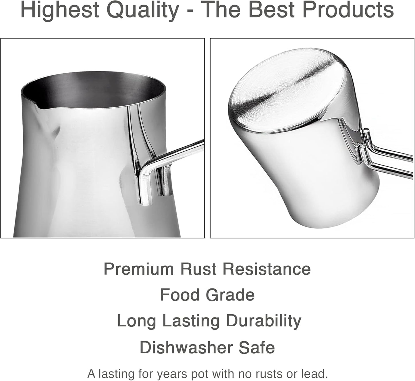 CRYSTALIA Turkish Coffee Pot 18/10 Stainless Steel, Stove Top Tea Maker, Milk Warmer, Greek Arabic Coffee Cezve Briki, 29 oz (Silver, Large)