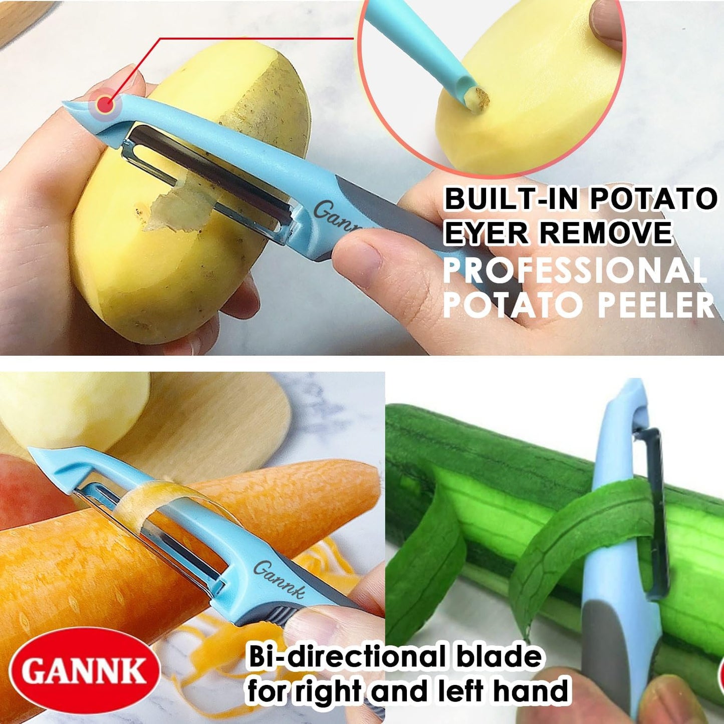 GANNK Potato Apple Vegetable Peelers for Kitchen, I and Y Peelers for Fruit Veggie Potatoes Carrot Cucumber, 3 in 1 Blade Spin Design With Julienne Function