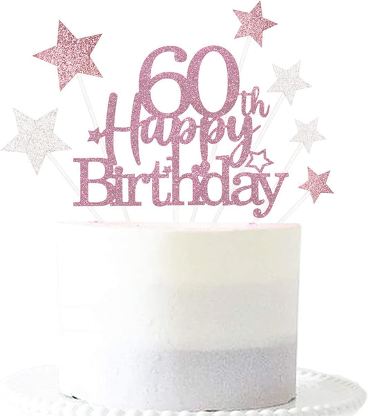 Glittery 60th Happy Birthday Cake Topper with Star,Personalised 60 Birthday Cake Toppers Party Decorations Party Supplies for Men Women Rose Gold