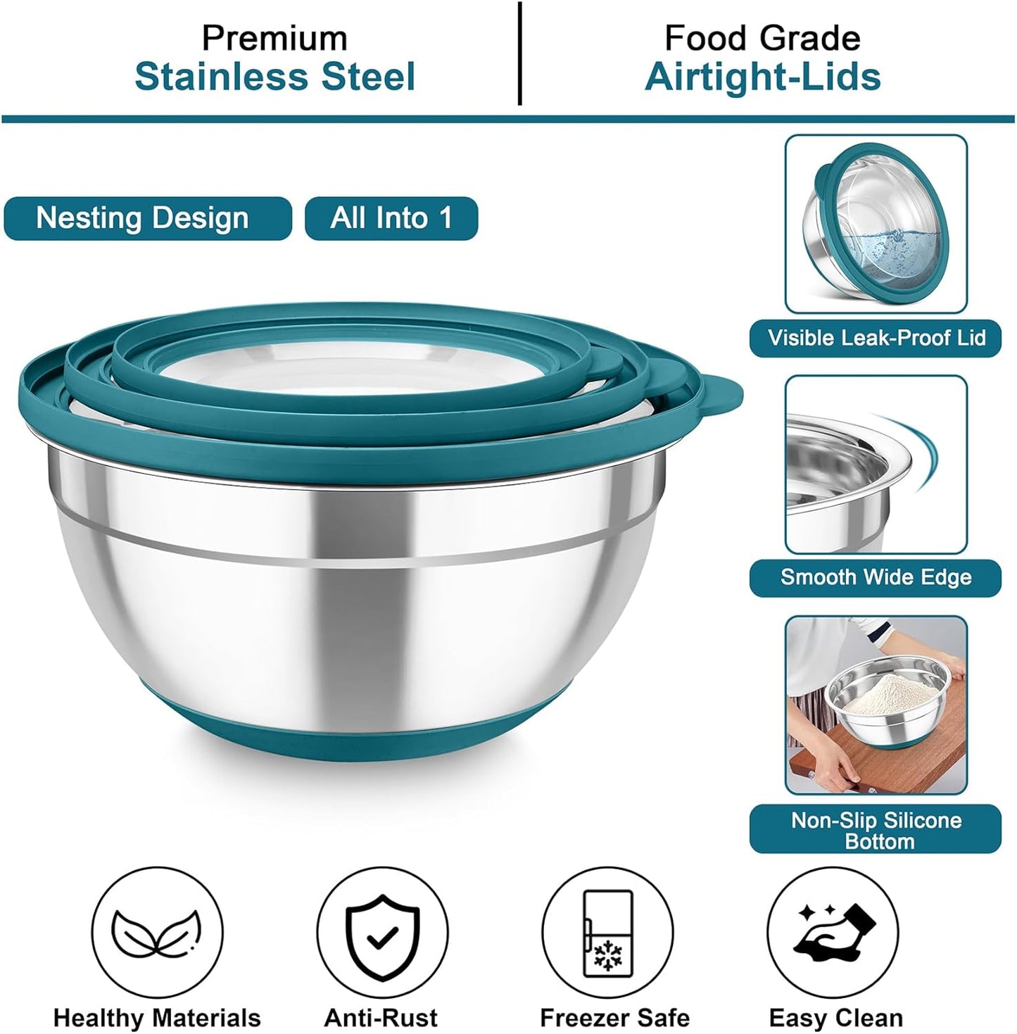 TeamFar Mixing Bowls with Colander Set, Stainless Steel Strainer and Nesting Salad Bowls, with Lids & 3 Graters, Non-Slip Bottom & Visible Lid, Rotatable & Dishwasher Safe, 4.6/3/1.5 QT, Blue