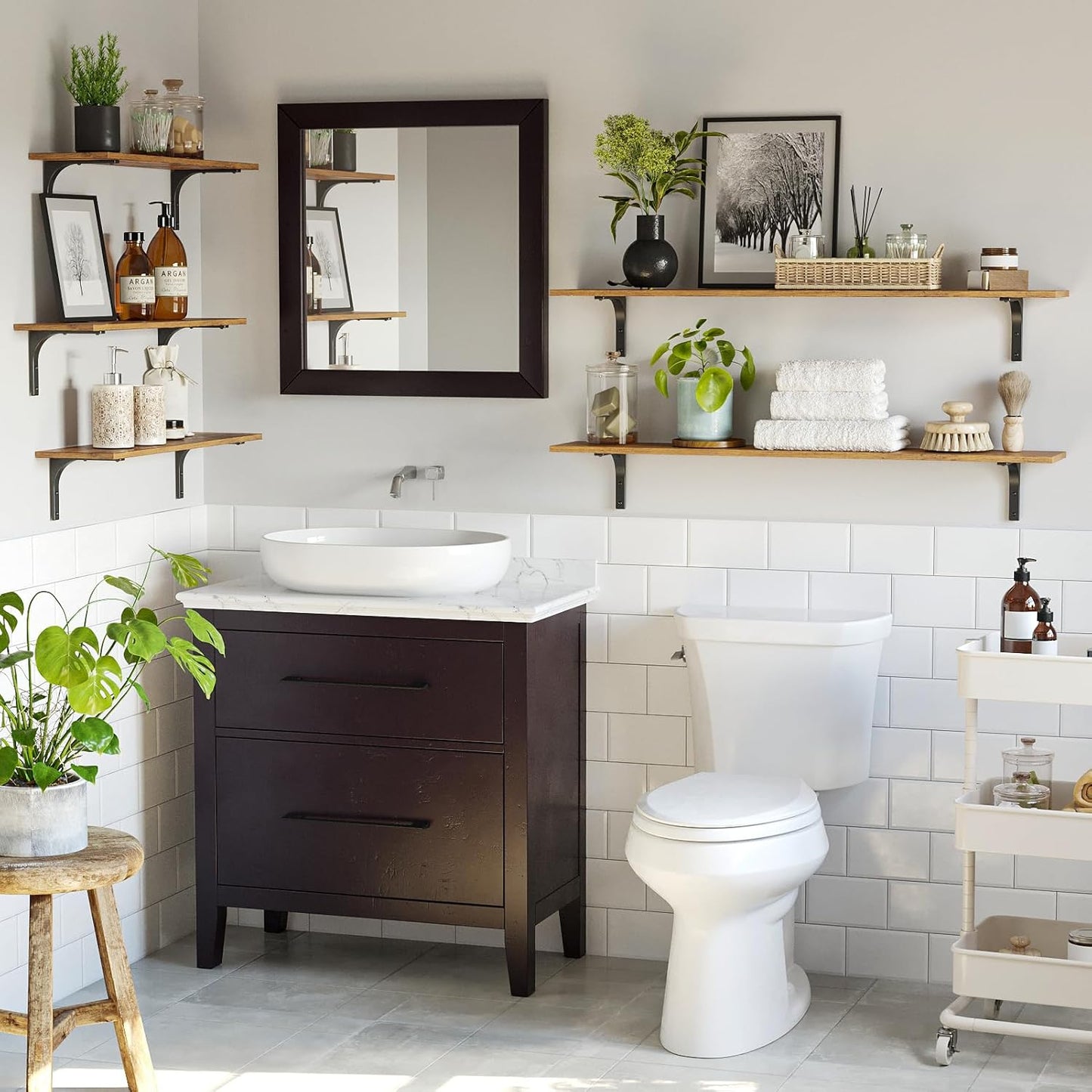 DINZI LVJ Long Wall Shelves, 47.3Inch Wall Mounted Shelves Set of 4, Extra Large Wall Storage Ledges with Sturdy Metal Brackets for Living Room, Bathroom, Bedroom, Kitchen, Rustic Brown