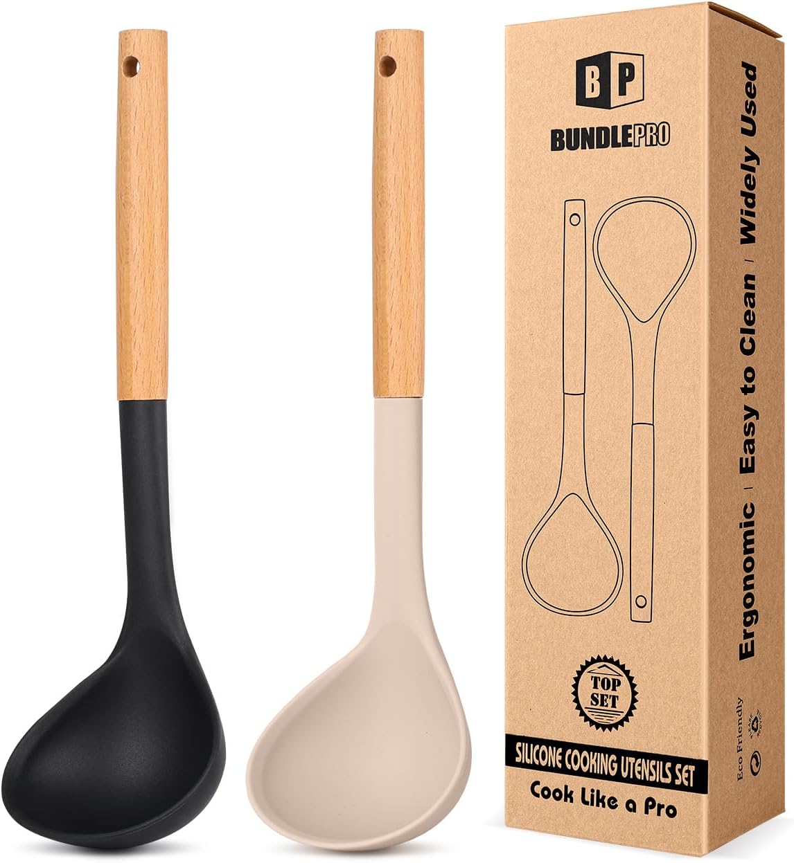 Pack of 2 Soup Ladle, Silicone Ladle Spoon with Wooden Handle, Large Non Stick High Heat Resistant Kitchen Utensils for Cooking, Stirring, Serving Soups(BLACK-KHAKI)