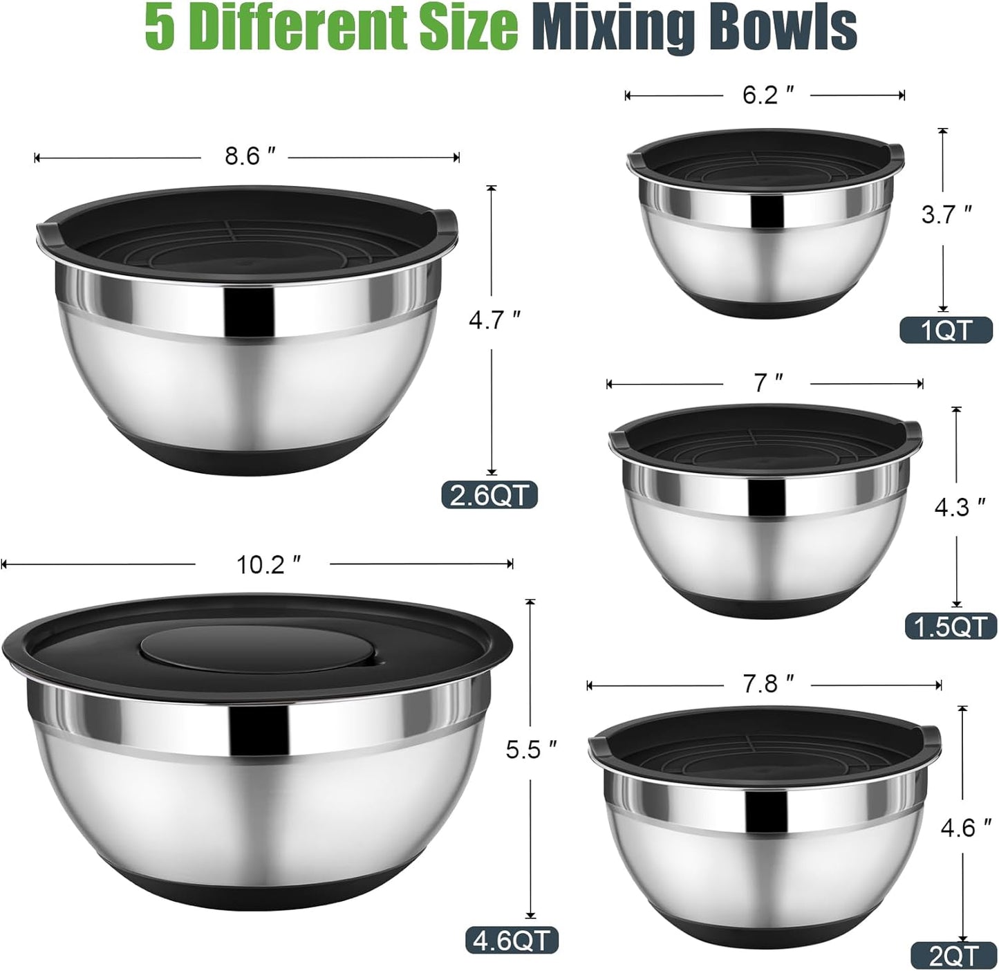 P&P CHEF Mixing Bowl with Lid Set, 5 Piece Stainless Steel Mixing Nesting Bowls for Salad Storage, 3 Grater Attachments & Non-Slip Bottoms, Size 1/1.5/2 / 2.6/4.6 QT, Black