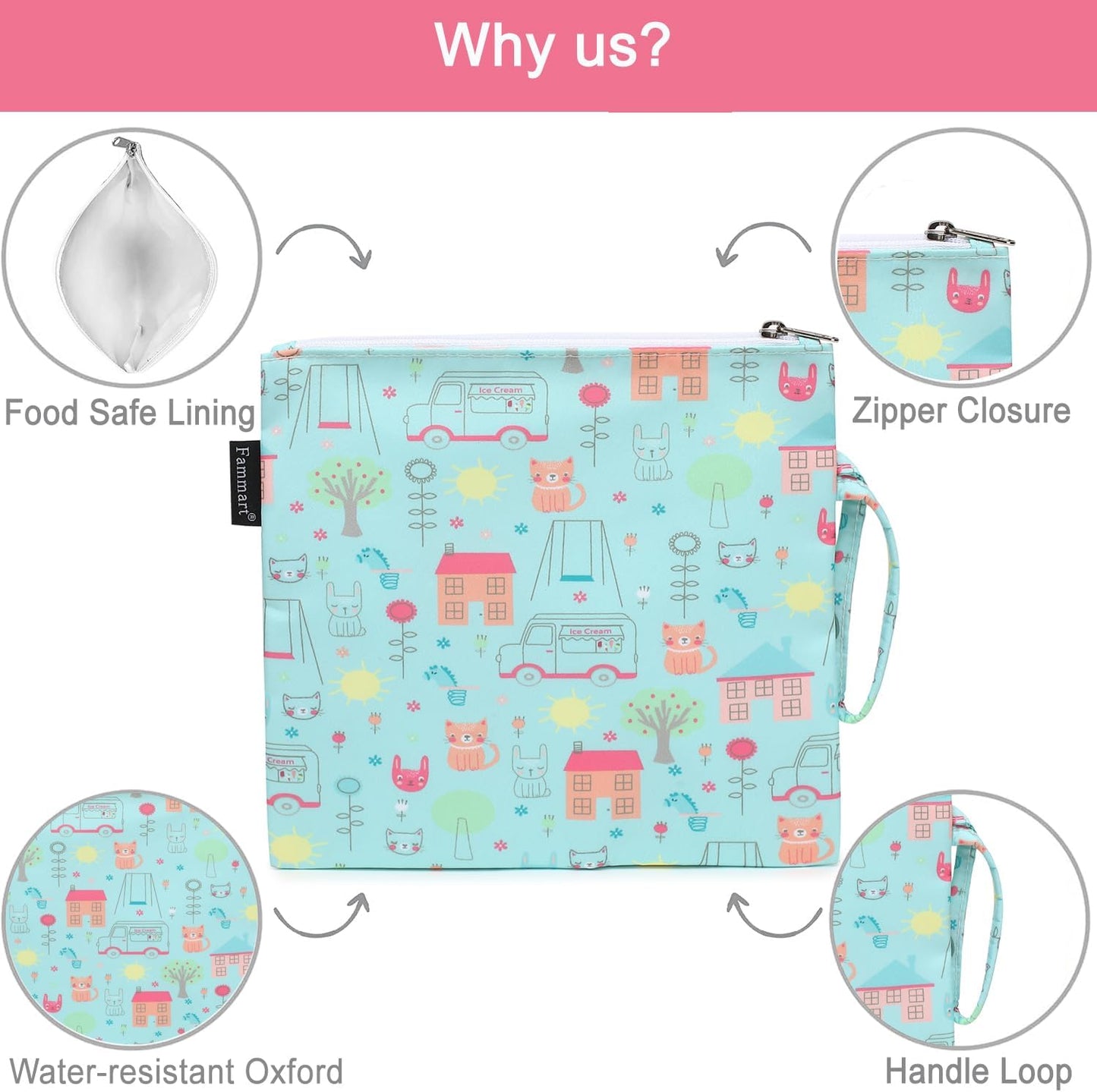 Reusable Sandwich Bag/Snack Bag for Kids & Adults, Dual Layer Lunch Bag with Handle, Washable, Food Safe, BPA Free (2-Pack, Colorful Cat)