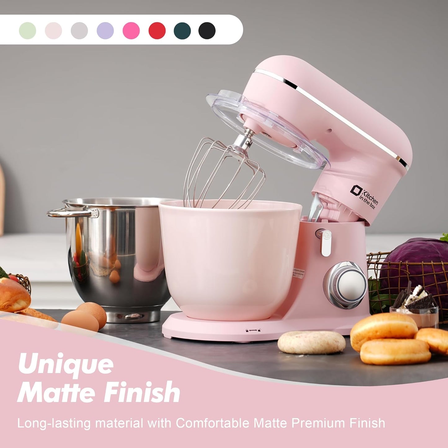 Kitchen in the box Stand Mixer, 4.5QT+5QT Two bowls Electric Food Mixer, 10 Speeds 3-IN-1 Kitchen Mixer for Daily Use with Egg Whisk,Dough Hook,Flat Beater (Rose Pink, 5QT)
