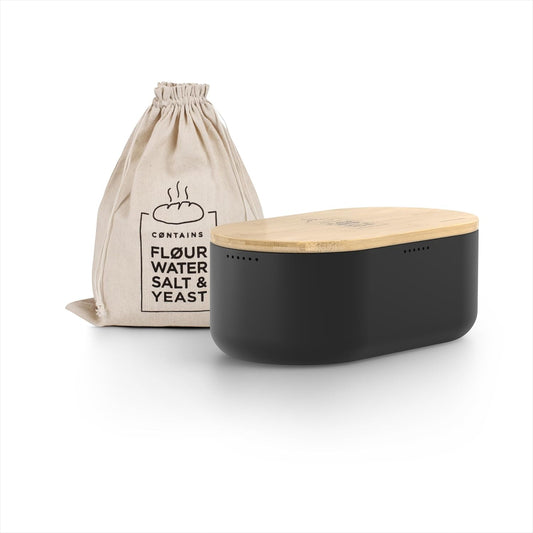 LARS NYSØM Bread Box I Metal Box with linen bag for long lasting freshness I Bread Bin with bamboo lid usable as cutting board I 14.2x7.5x5.1 In (Carbon Black)