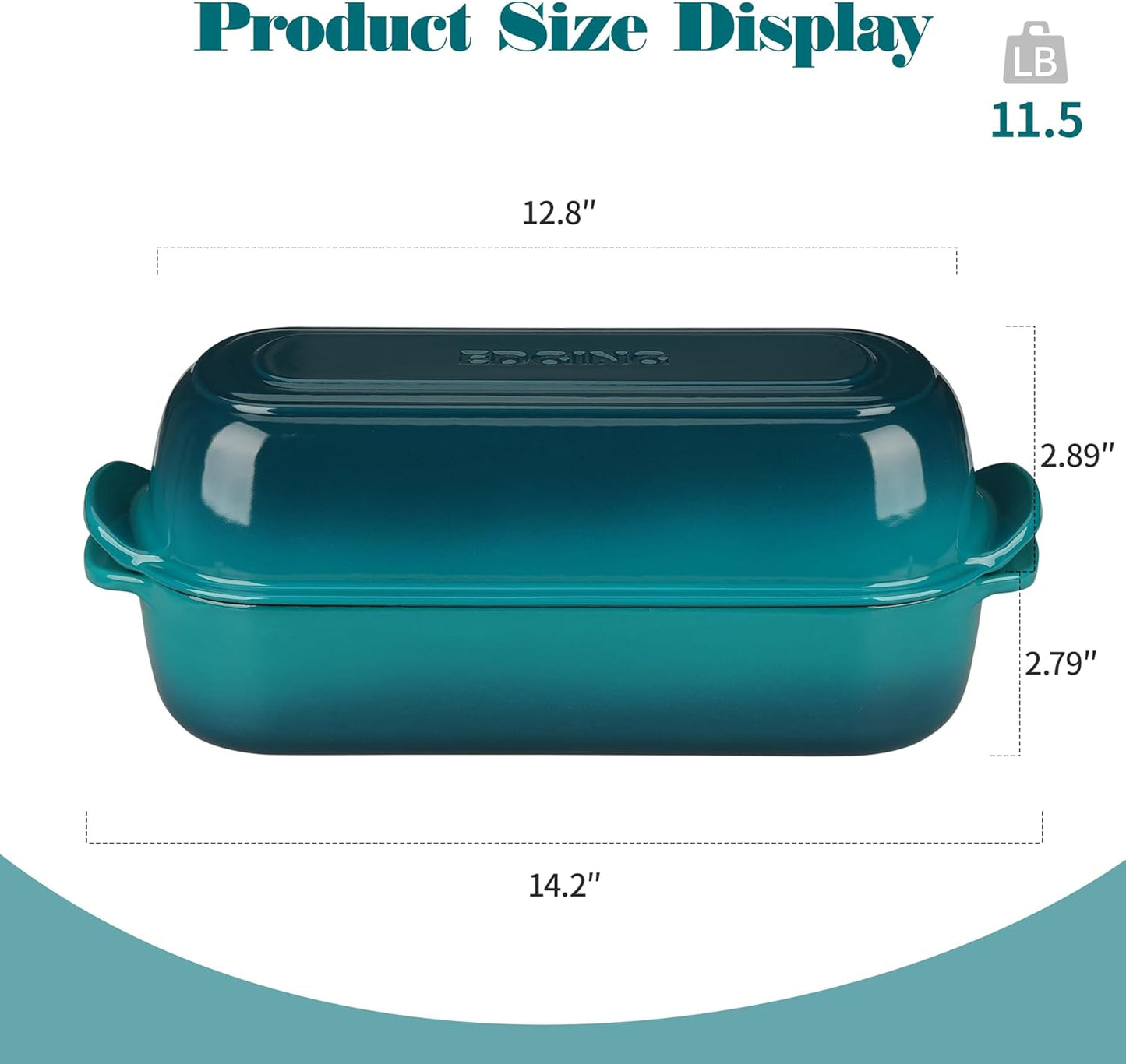 Enameled Cast Iron Loaf Pan with Lid, Dutch Oven for Homemade Bread Baking, 12.5x5.5 inch, 5Qt, Darkcyan