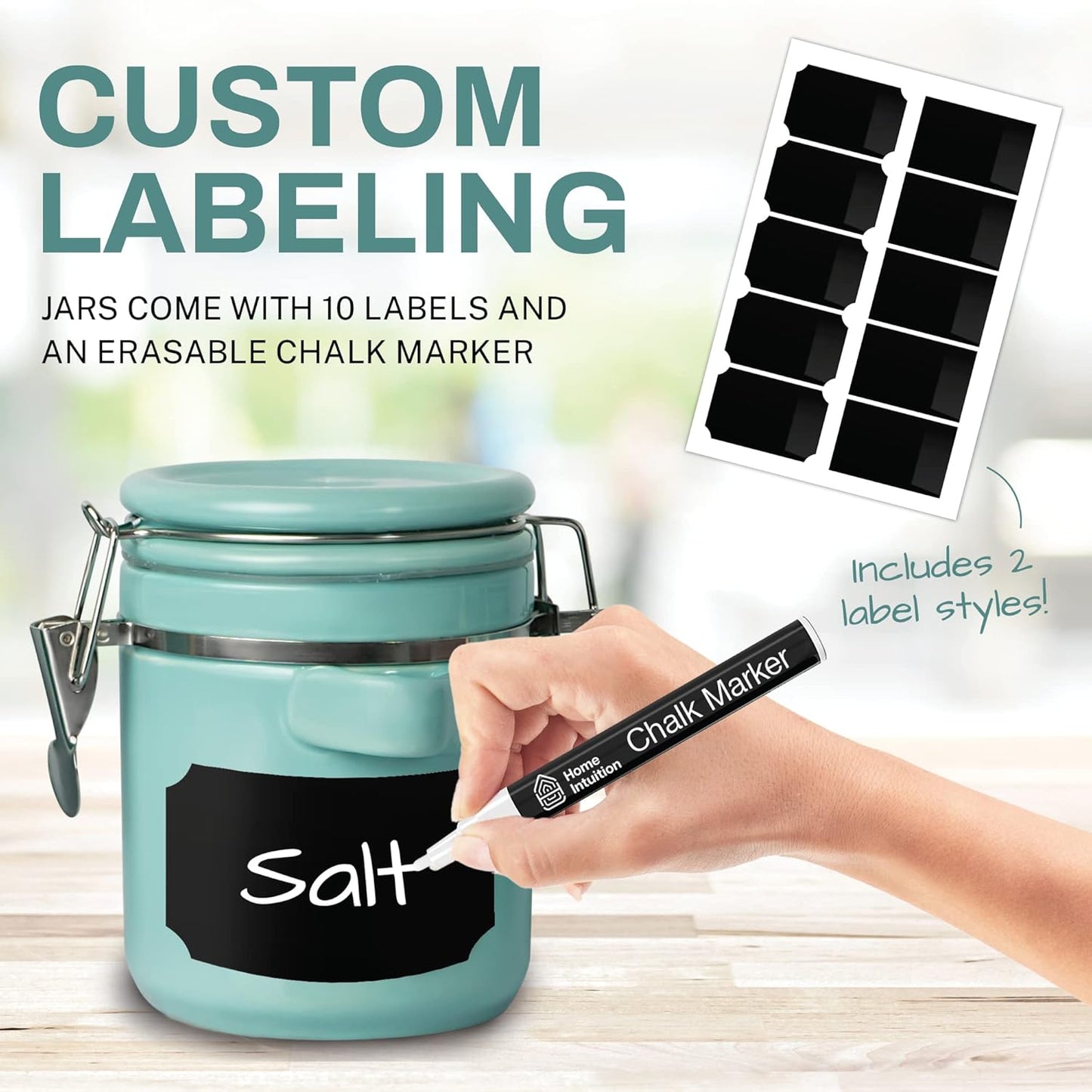 Home Intuition 4-Piece Ceramic Kitchen Canisters Set, Airtight Containers with Wooden Spoons Reusable Chalk Labels and Marker for Sugar, Coffee, Flour, Tea (Turquoise)