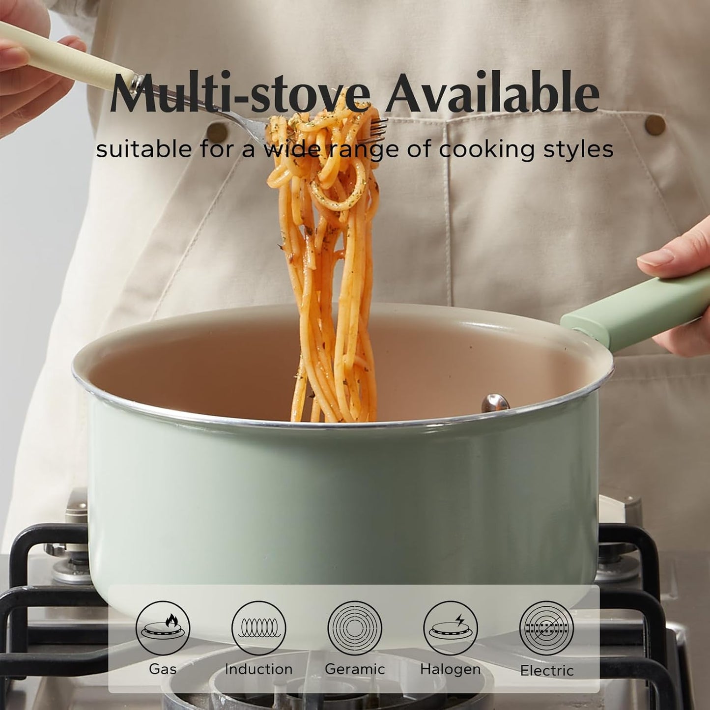 Redchef Ceramic Nonstick Saucepan with Lid, 1.5QT Small Cooking Pot, Non Toxic Sauce Pans for Kitchen, Cool Handle PFAS Free Compatible with All Cooktops, Green