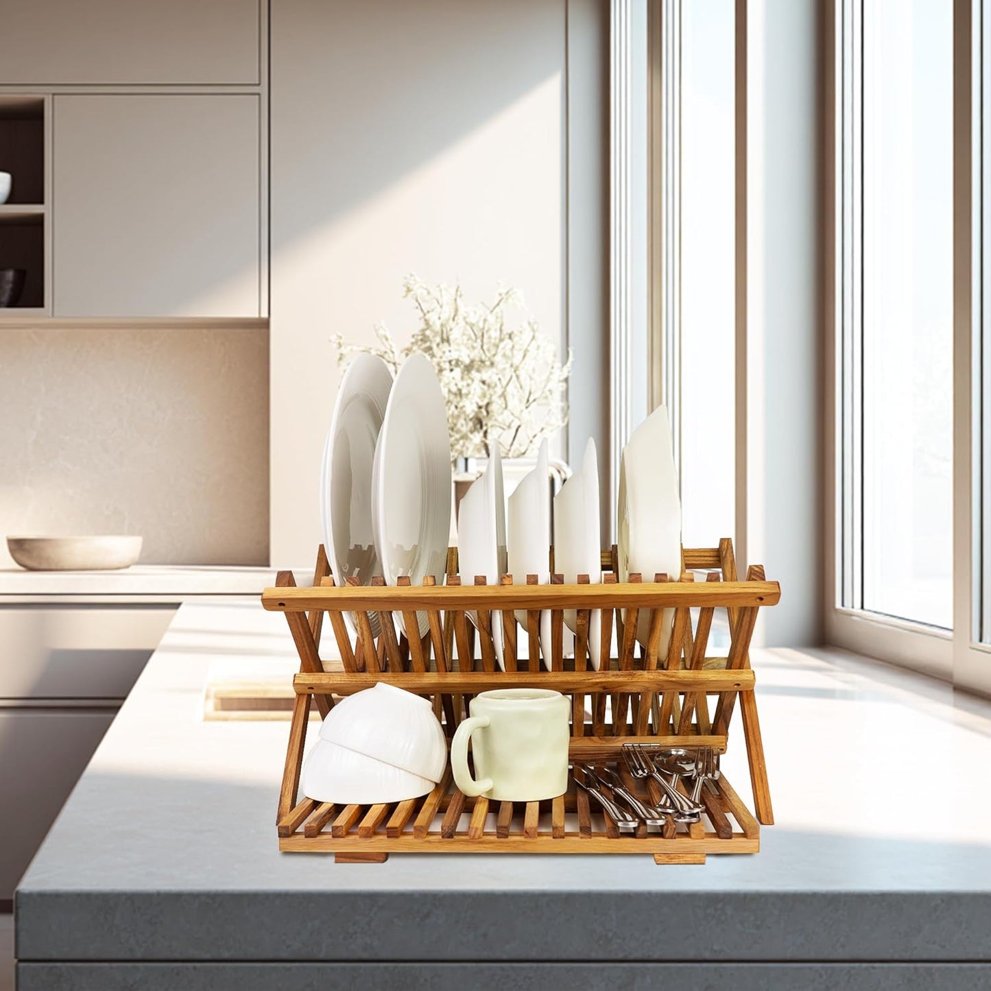 Utoplike 3 Tier Collapsible Teak Wood Dish Drying Rack, Foldable Large Capacity Dish Draine, Space-Saving Countertop Kitchen Organizer for Plates, Cups