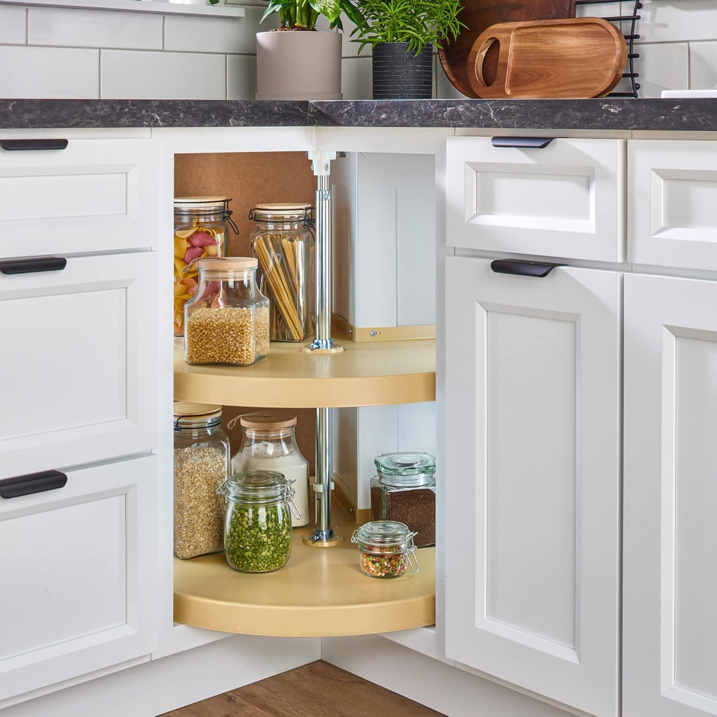 Rev-A-Shelf 2 Tier Pie-Cut Lazy Susan for Corner Base Cabinets, Plastic, 28" Double Shelf Swivel Kitchen Spice/Can Organizer, Almond, 6942-28-15-52