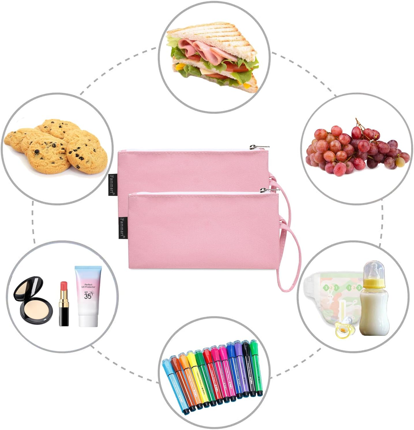 Reusable Sandwich Bag/Snack Bag for Kids & Adults, Dual Layer Lunch Bag with Handle, Washable, Food Safe, BPA Free (2-Pack, Pink)