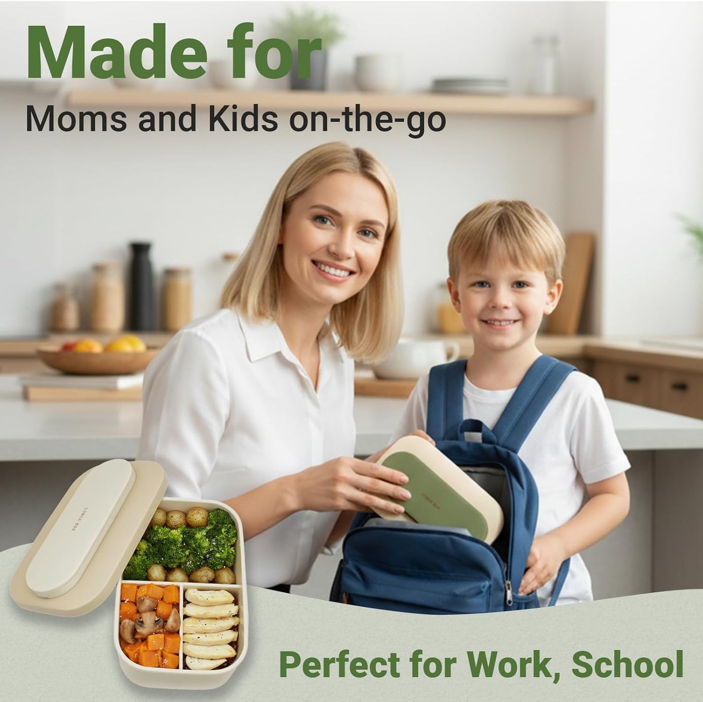 Silicone Bento Box Lunch Box for Adults, Lunch Food Container with 3 Compartment, BPA-Free and Leakproof, Microwave & Dishwasher Safe (Beige)