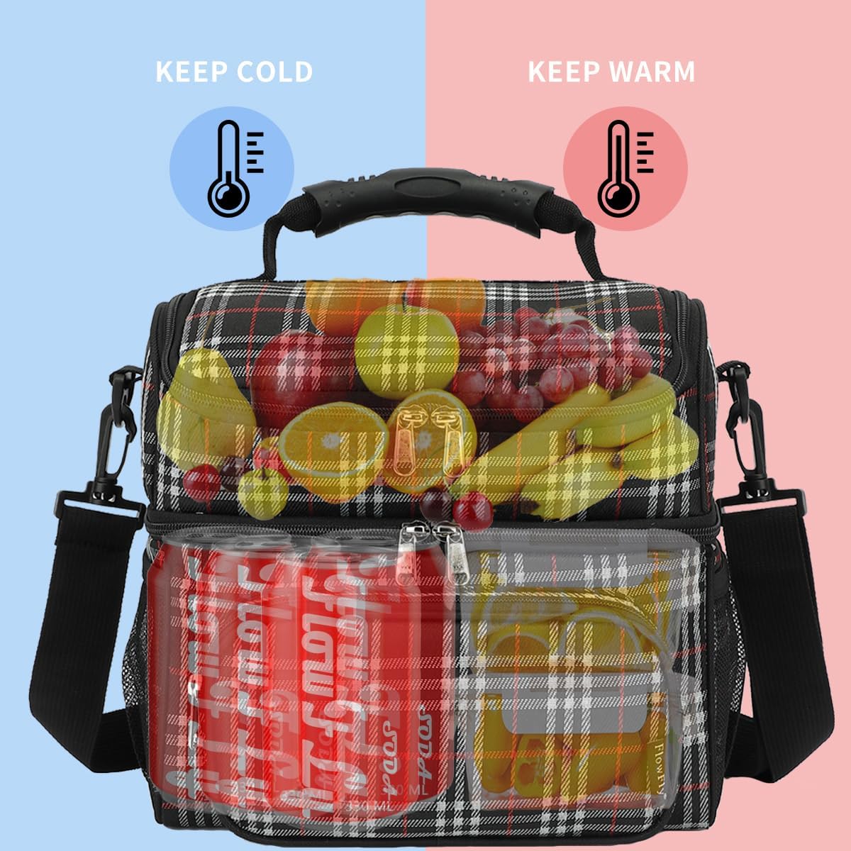 FlowFly Double Layer Cooler Insulated Lunch Bag Adult Lunch Box Large Tote Bag for Men, Women, With Adjustable Strap,Front Pocket and Dual Large Mesh Side Pockets