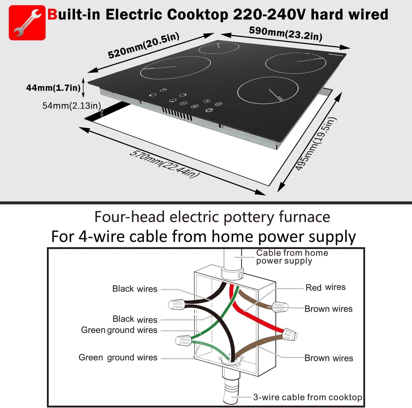 Karinear Drop-in 4 Burner Electric Cooktop 24 Inch Radiant Cooktop, Electric Stove Top with Residual Heat Indicator, Child Safety Lock, Timer, 220-240V, 6000W, Hard Wire(No Plug)