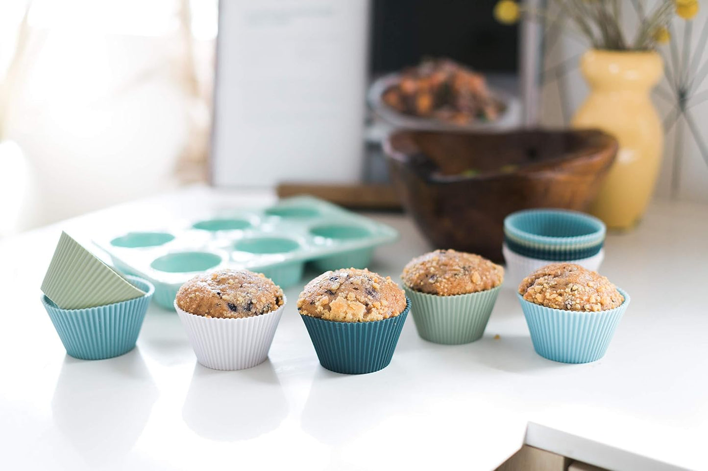 The Silicone Kitchen Starter Set Gift Bundle, 24 Regular, 12 Jumbo, 24 Mini Baking Cups, 2 Half-Sheet, 2 Quarter-Sheet Baking Mats, Blue, Green, White