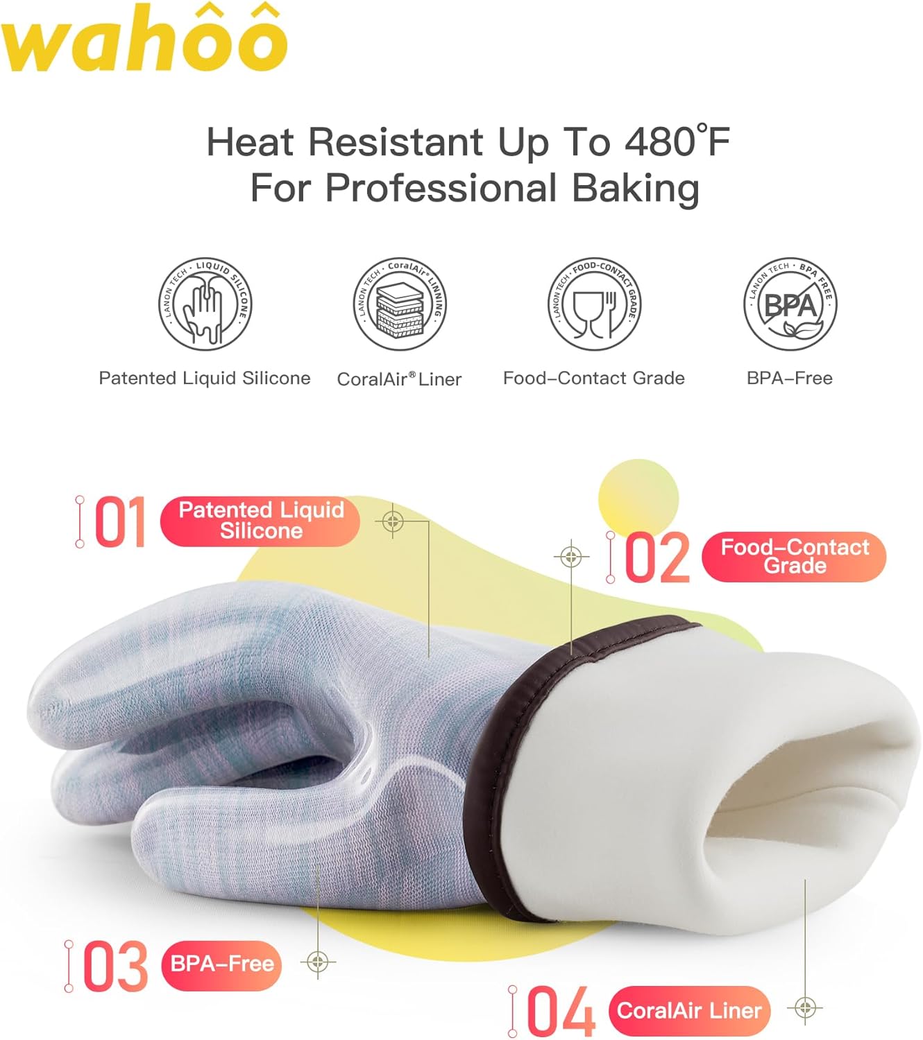 wahoo Professional Liquid Silicone Oven Mitts Gloves, Heat Resistant Gloves for Cooking, Baking, CoralAir Liner, 12 Inch, Purple, X-Large
