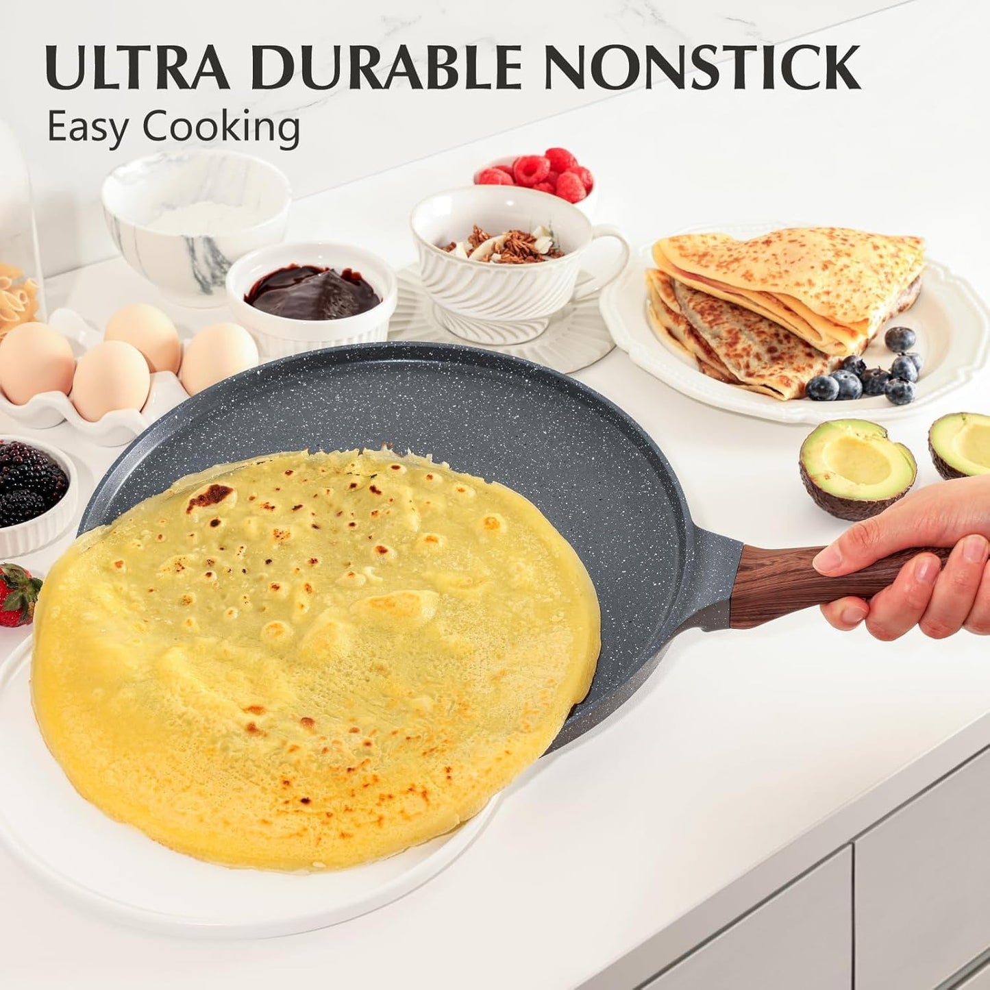 SENSARTE Nonstick Crepe Pan, Swiss Granite Coating Dosa Pan Pancake Flat Skillet Tawa Griddle 12-Inch with Stay-Cool Handle, Induction Compatible
