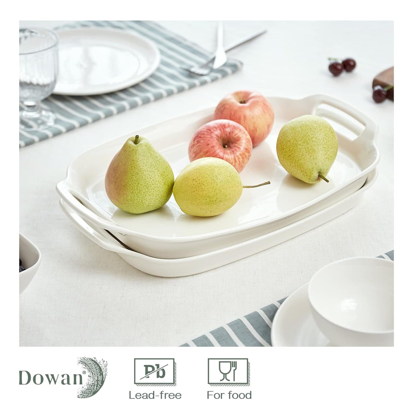 DOWAN Serving Tray with Handles, 15.4" Large Platters for Wedding Decor, Porcelain Serving Dish for Entertaining, White Plates for Salad Meat Fruit Dessert, Set of 2