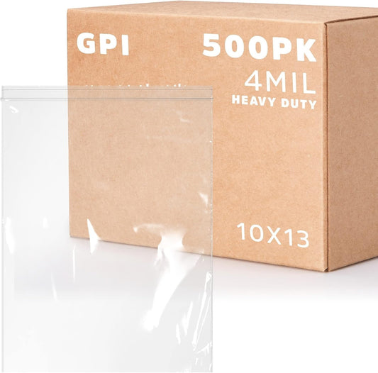GPI - 10" X 13" Bulk Pack of 500, 4 Mil Thick, Heavy Duty, Clear Plastic Reclosable Freezer Zip Bags, Strong & Durable Poly Baggies with Resealable Zipper Top Lock.